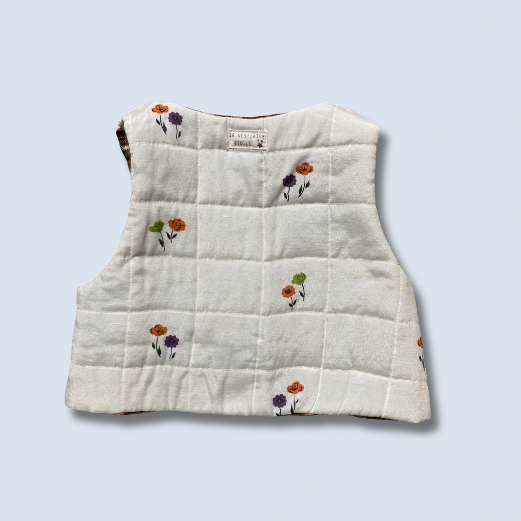 Veston sans manches Enfant – Carreaux marron et fleurs