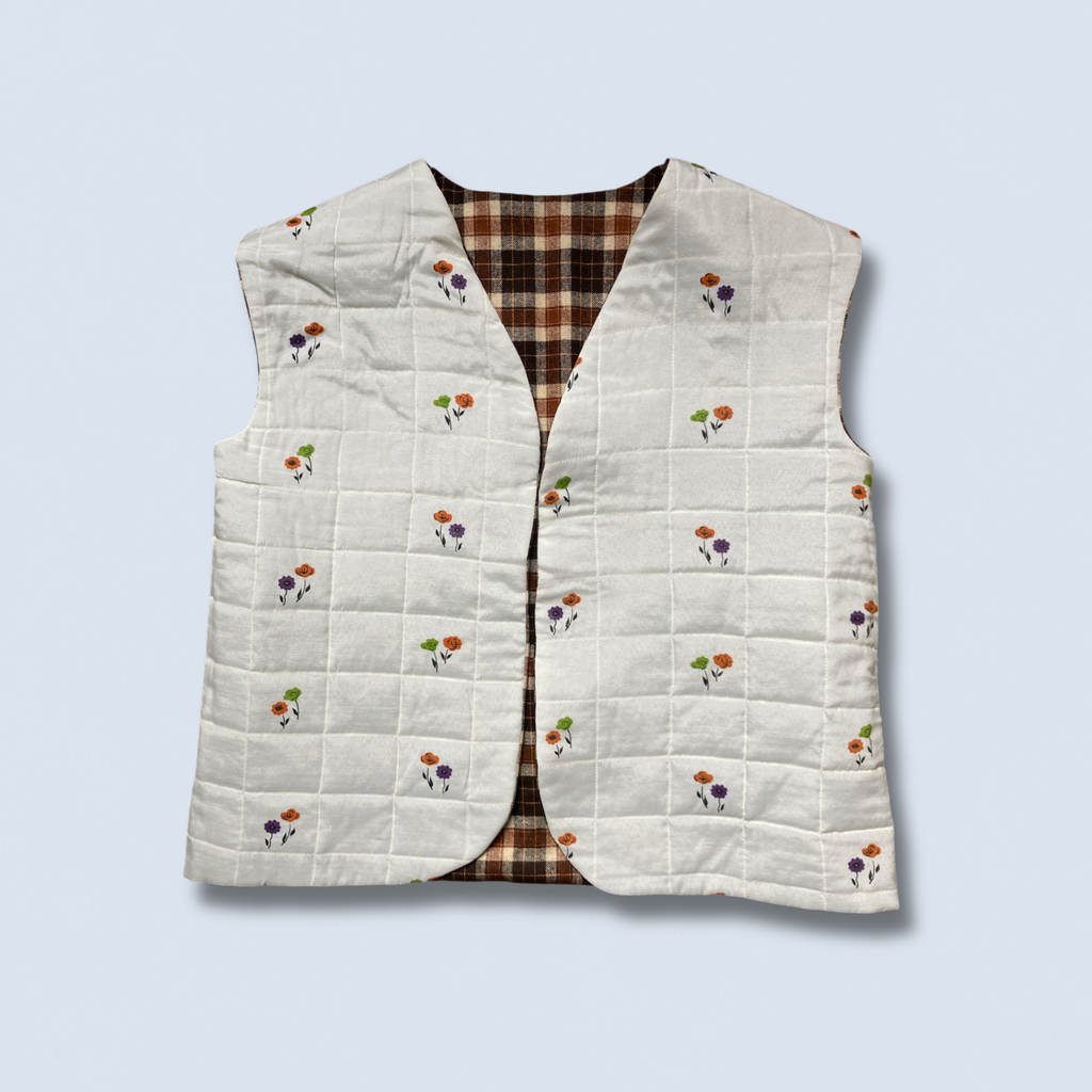 Veston sans manches Adulte – Carreaux marron et fleurs