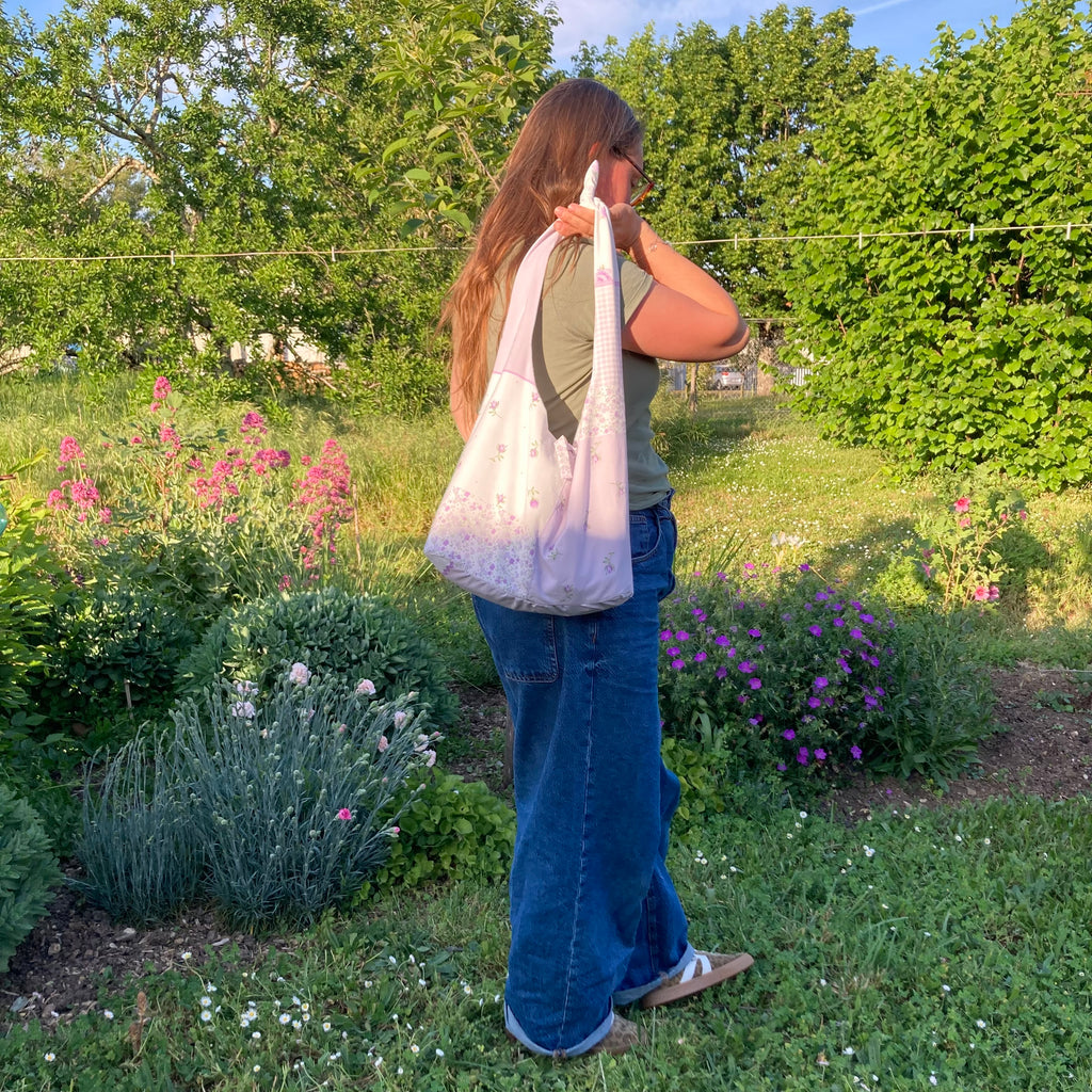 Sac à anses nouées - vichy violet  et fleurs