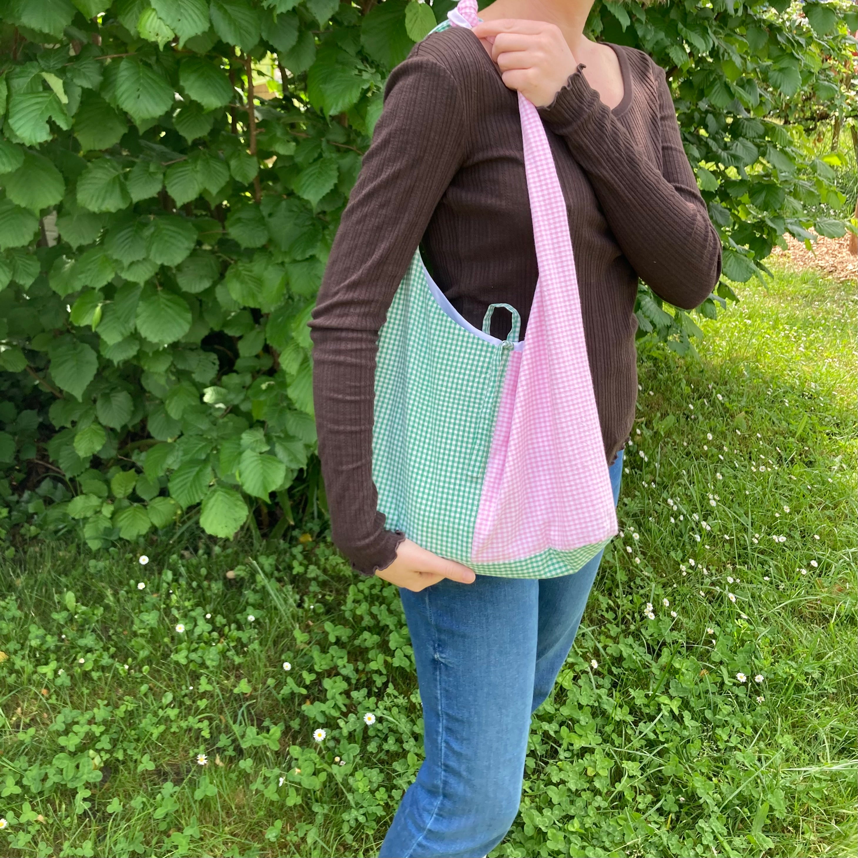 Sac à anses nouées - vichy rose et vert