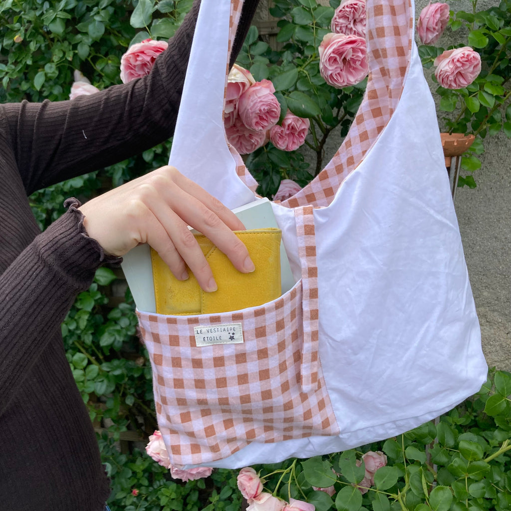 Sac à anses nouées - vichy beige et marron