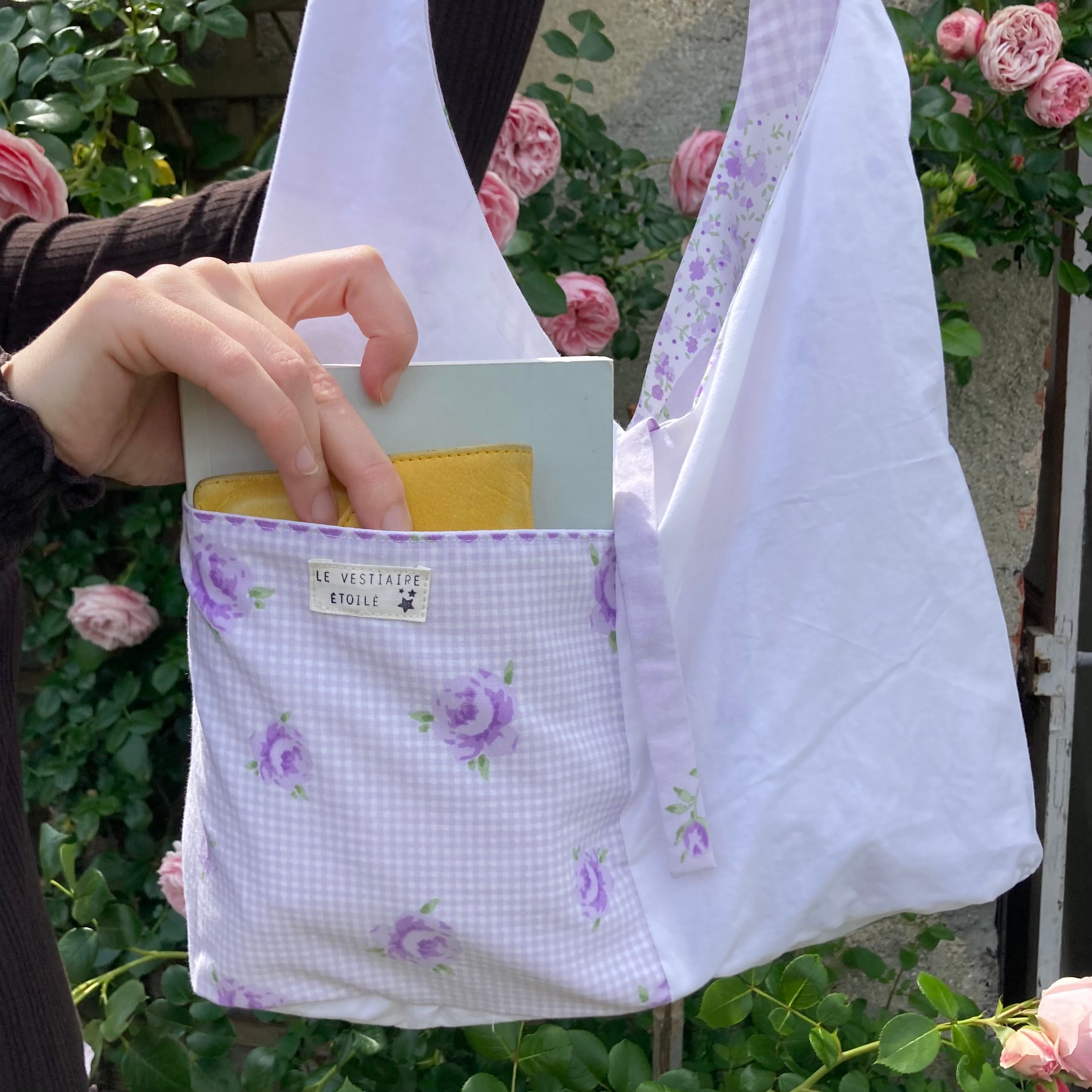 Sac à anses nouées - vichy violet  et fleurs