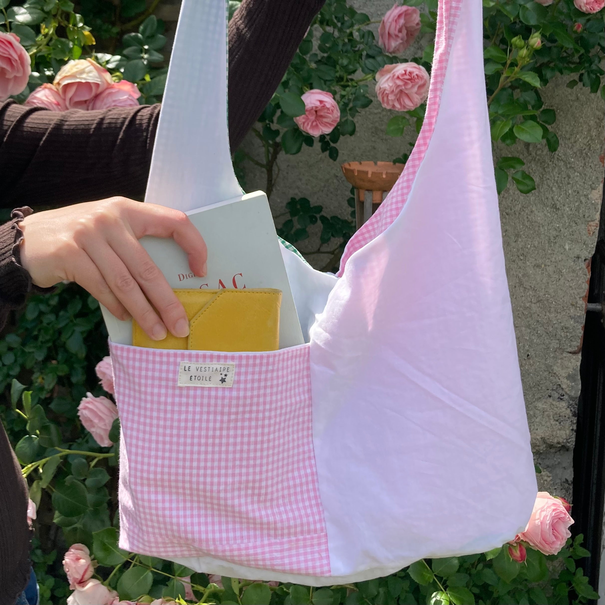 Sac à anses nouées - vichy rose et vert