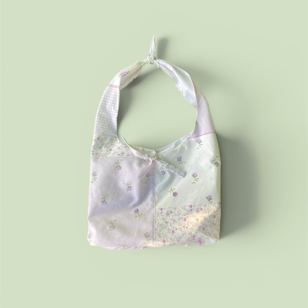 Sac à anses nouées - vichy violet  et fleurs