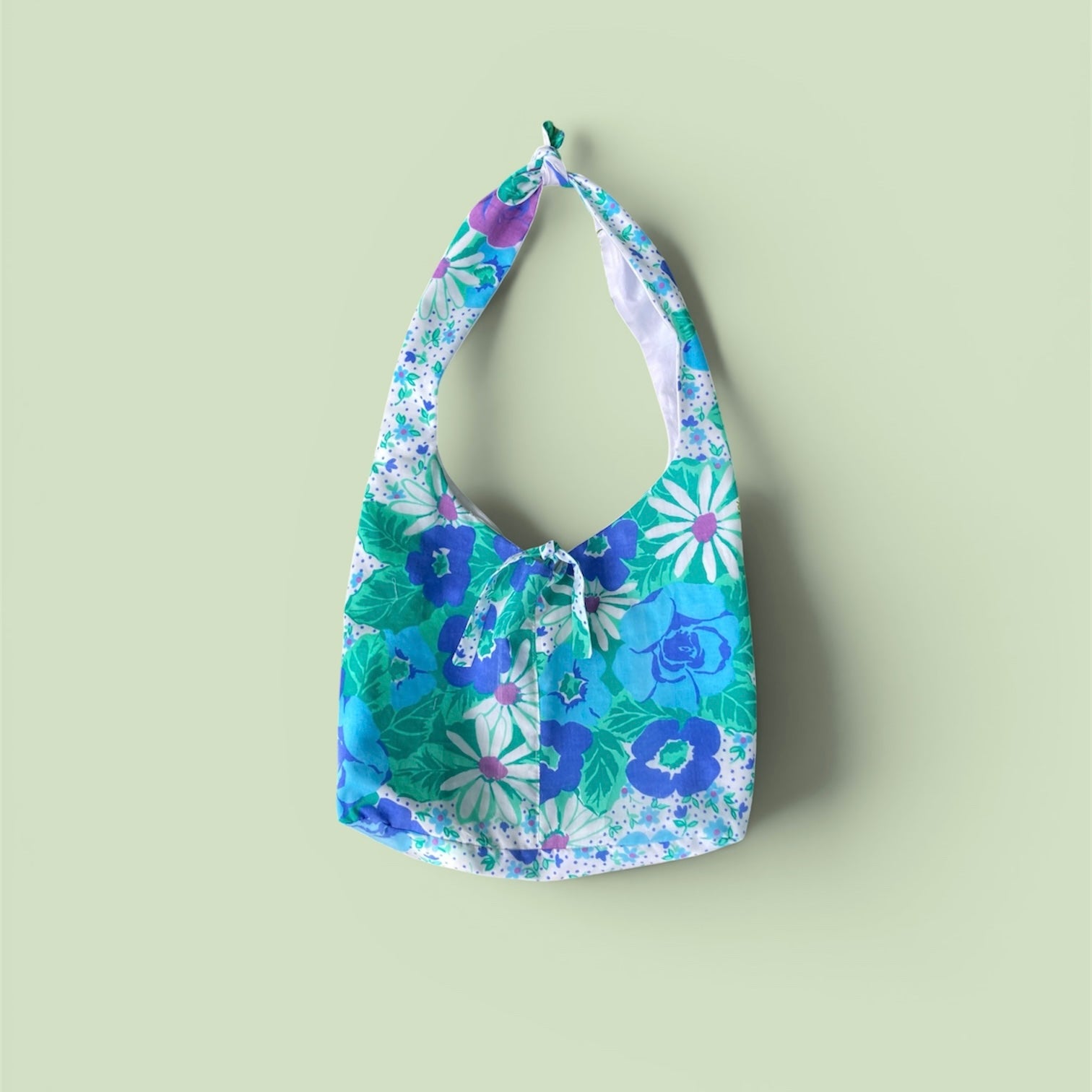 Sac à anses nouées - bleu à fleurs