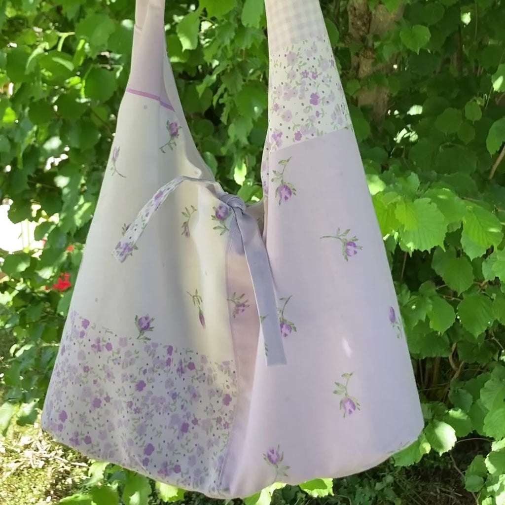 Sac à anses nouées - vichy violet  et fleurs