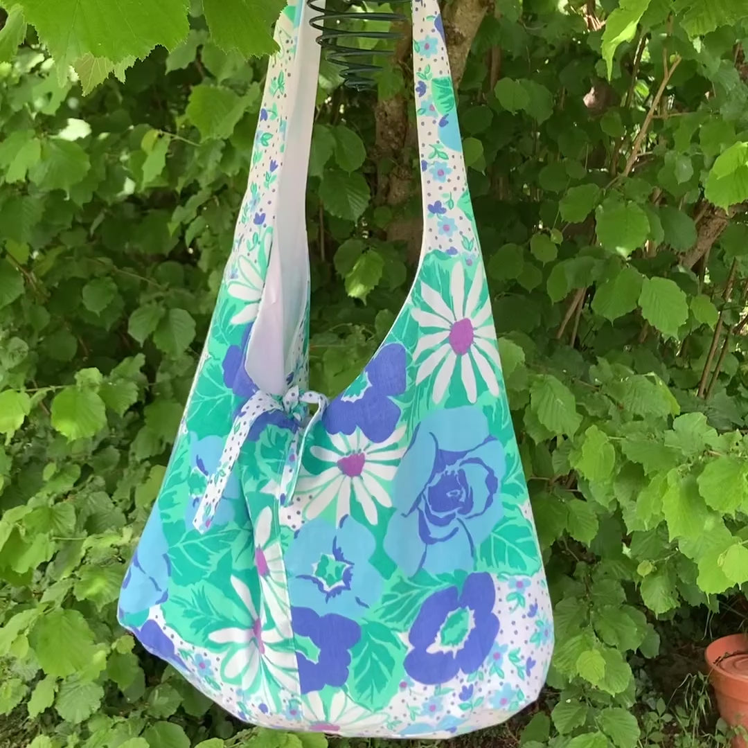 Sac à anses nouées - bleu à fleurs